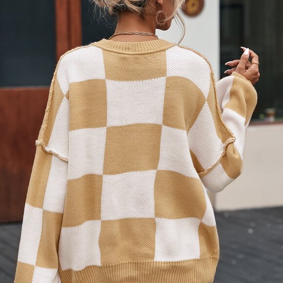 Khaki Checkered Bishop Sleeve Sweater - Picture 6 of 15